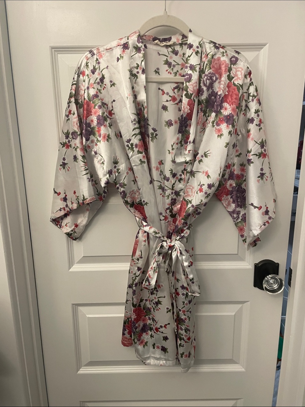 Satin Floral Kimono Robe in White with Pink & Purple Blooms